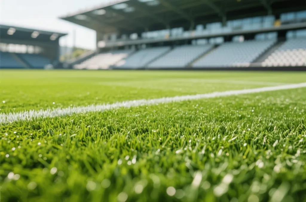 Close-up macro shot of a pristine green football pitch grass field, with modern stadium seats softly blurred in the background, daytime natural light